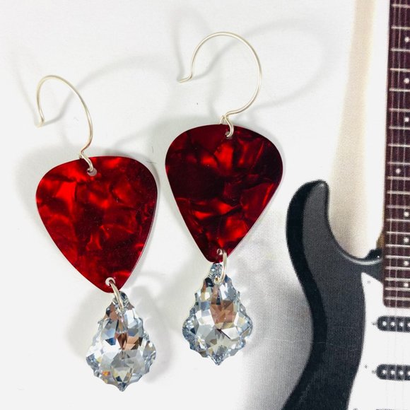 House Of Adornments Jewelry - Killer Red Pearl Clear crystal Guitar Pick Earrings OOAK All sterling silver